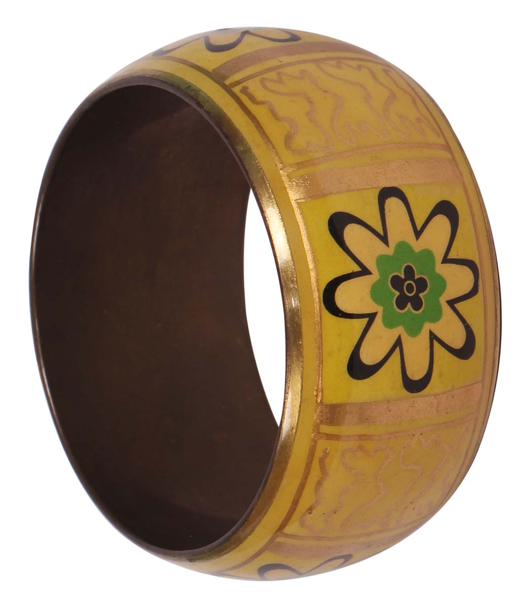 Round Broad Bangle - Floral Motifs - Yellow, Golden, Black & Green Exteriors - Dull Golden Finish Interiors - Handmade in Brass & Iron - Fashion Accessories - Unique Metal Jewelry - Buy in Bulk Wholesale